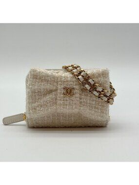 Chanel Mini Chain Wallet Coin Case Ribbon Tweed White CC Logo Gold